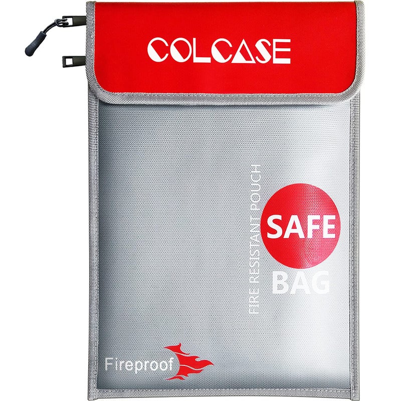 COLCASE Fireproof Document Bag Upgraded 2 Pockets (2000 â„‰)15 x 11 Inches Silicone Coated Fireproof and Waterproof Bag Fireproof Safe Bag Storage for Money, Documents, Jewelry and Passport Silver - Image 1